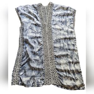 Osei Duro Boho Silk GrayTie-Dye Knit Chunky Lace Decor Vest Tunic Top Size L